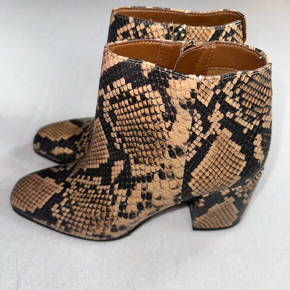 Franco Sarto Snake Print Ankle Boots Sz 7.5M Tan Black Block Heel Leather Bootie - Picture 4 of 7